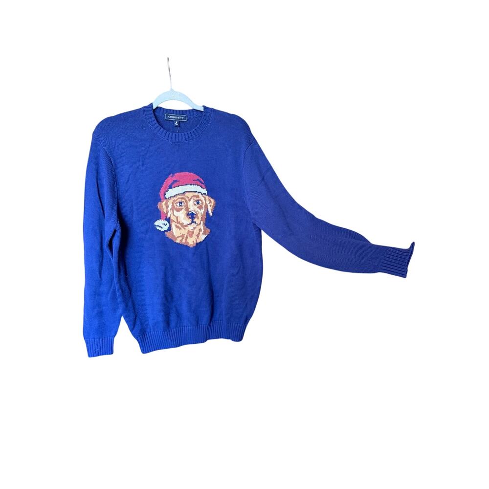 NWT crown & ivy blue holiday golden retriever dog knit sweater medium cotton bld